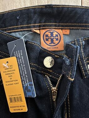 Tory Burch “Classic Tory Bootcut” Dark Indigo Jeans with Gold Stitching